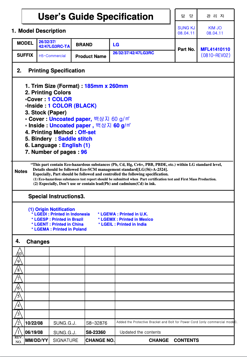 Imagen de la primera página del manual del dispositivo 32LG3RC