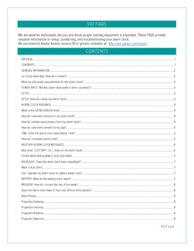 Página 1 del manual Preguntas frecuentes La Crosse Technology VA1