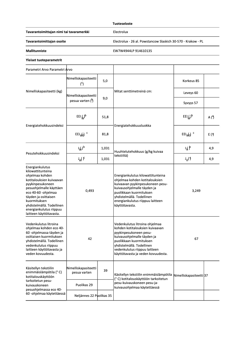 Página 1 del manual Ficha técnica Electrolux EW7W4944LP