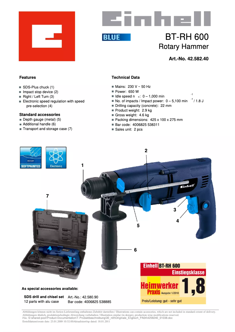 Página 1 del manual Ficha técnica Einhell BT-RH 600