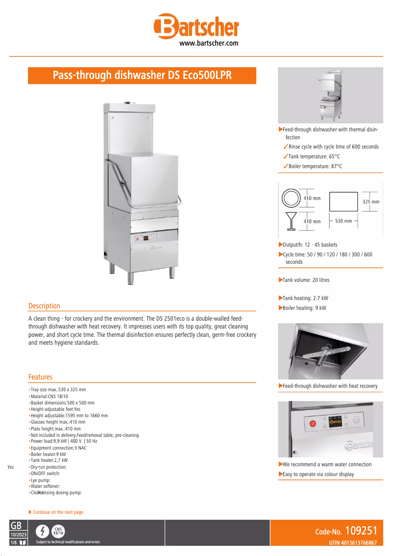 Página 1 del manual Ficha técnica Bartscher DS 2501eco