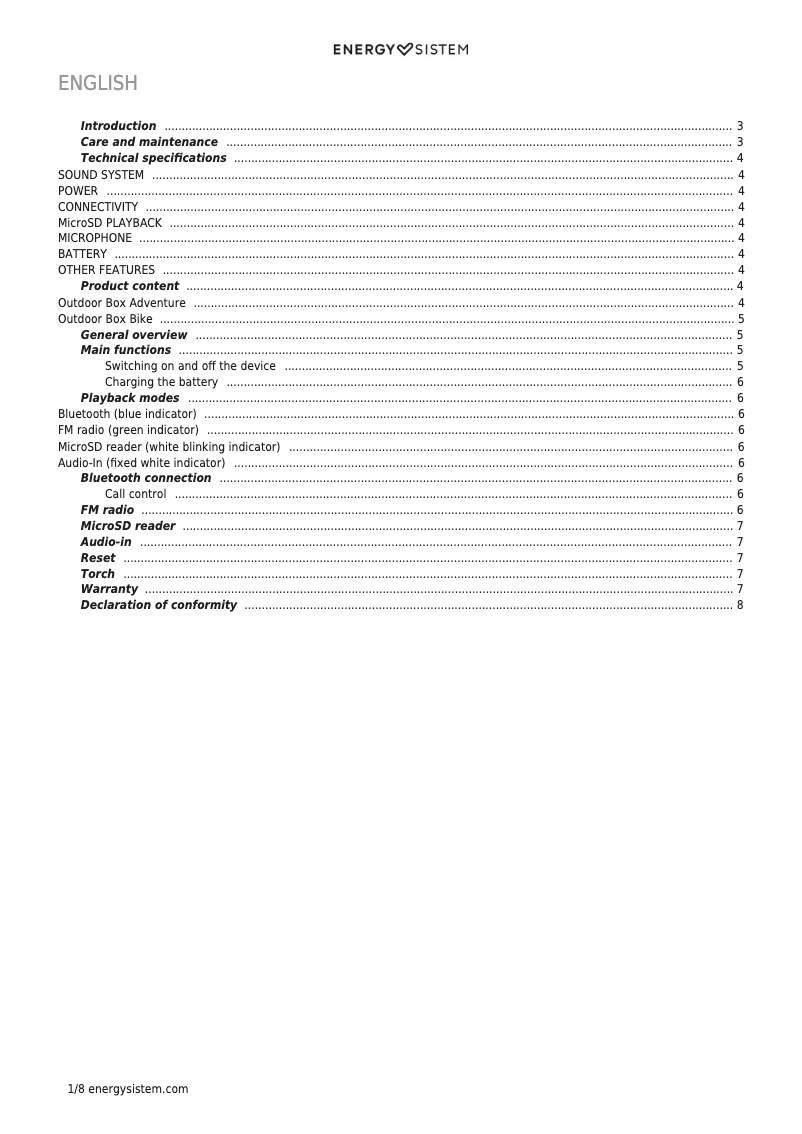 Página nº 1 - Manual de usuario Energy Sistem Outdoor Box Bike
