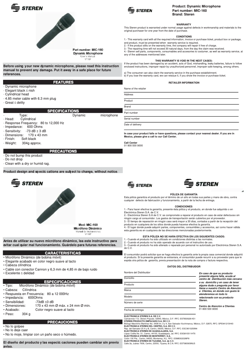 Página 1 del manual Manual de usuario Steren MIC-160