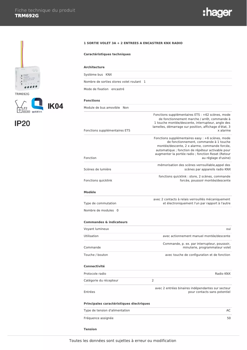 Página 1 del manual Ficha técnica Hager TRM692G