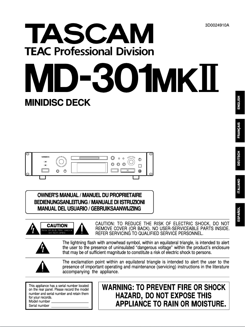 Página nº 1 - Manual de usuario Tascam MD-301MKII