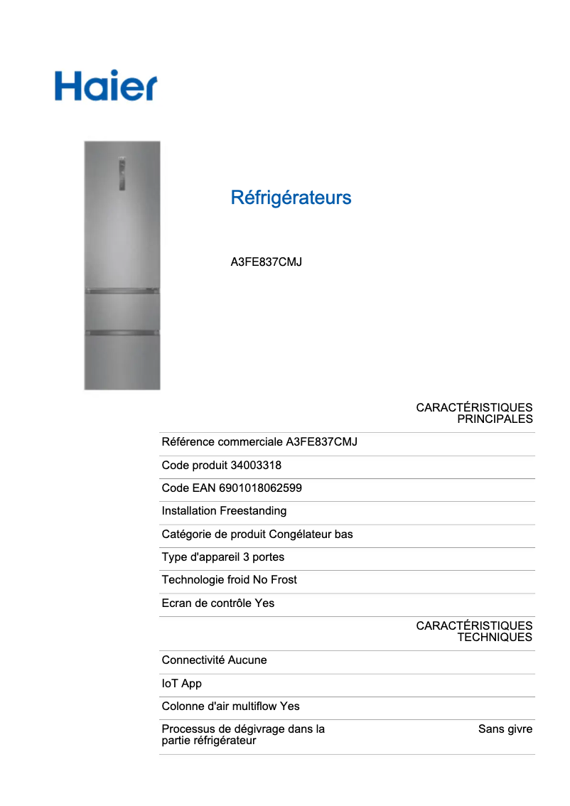 Página 1 del manual Ficha técnica Haier A3FE837CMJ