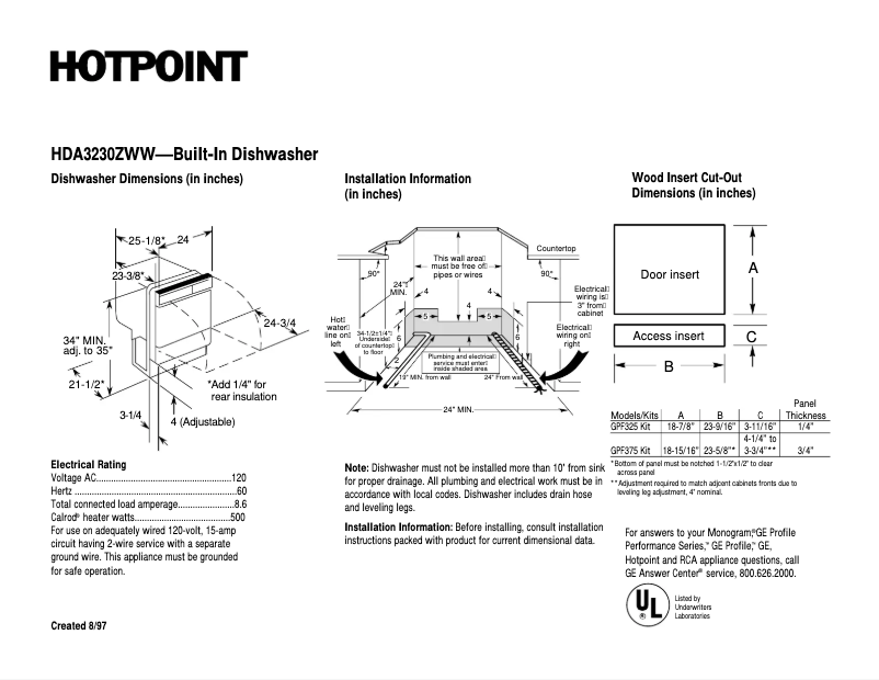 Página 1 del manual Ficha técnica GE HDA3230ZWW