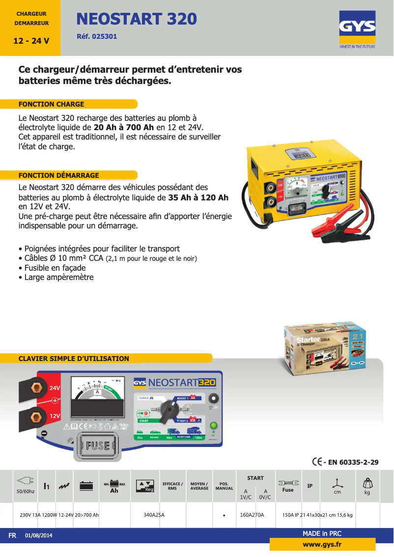 Página 1 del manual Ficha técnica GYS Neostart 320