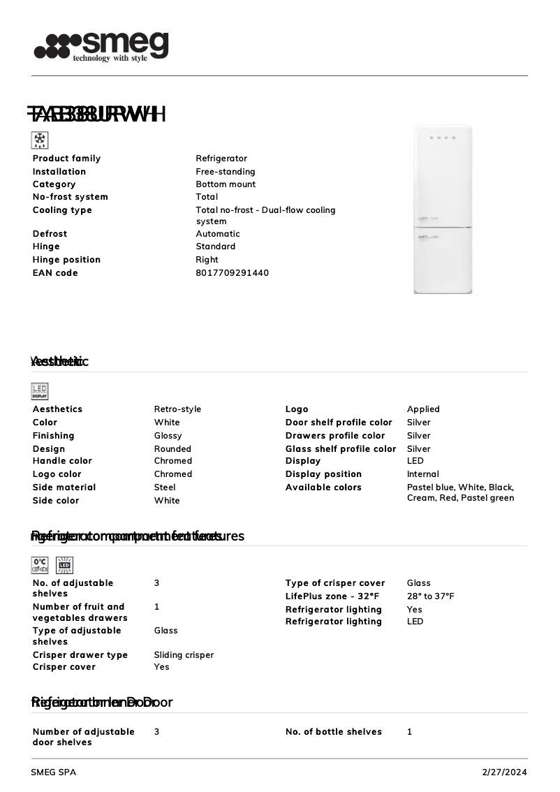 Página 1 del manual Ficha técnica Smeg FAB38URWH