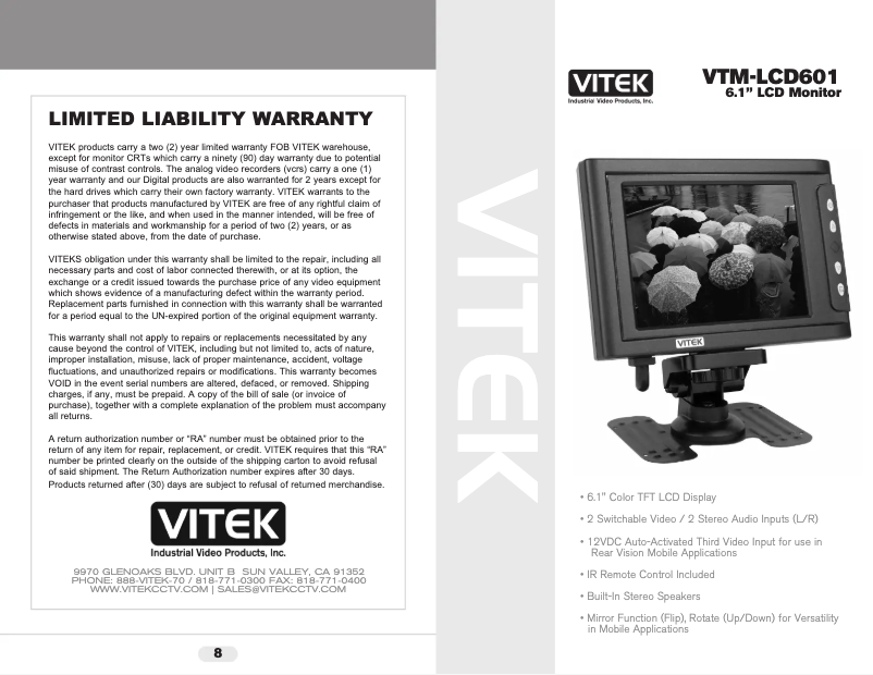Página 1 del manual Manual de usuario Vitek VTM-LCD601