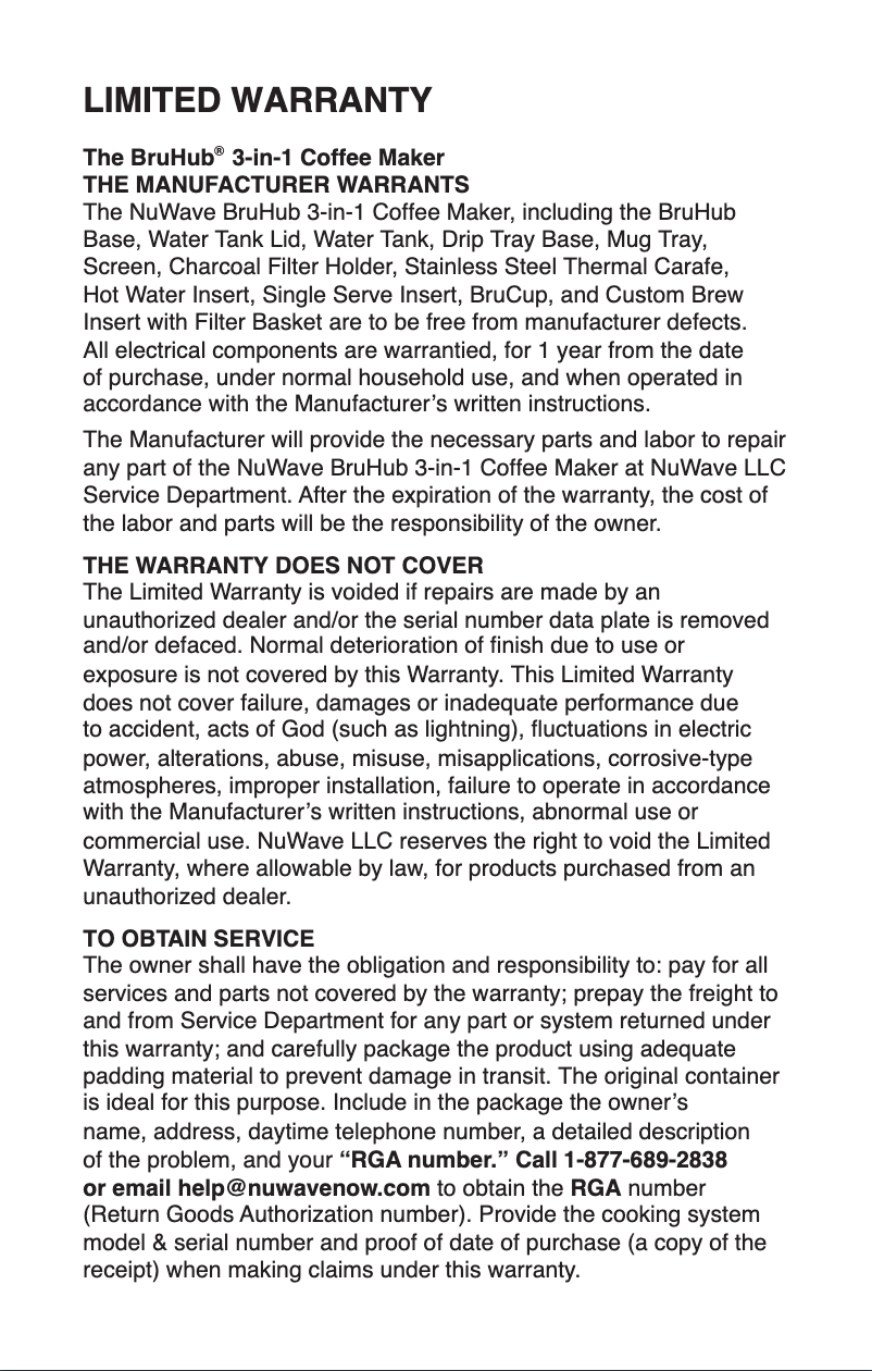 Página 1 del manual Información de garantía NuWave BruHub
