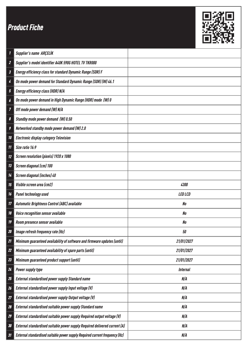 Página 1 del manual Ficha técnica Arçelik A40K 590G