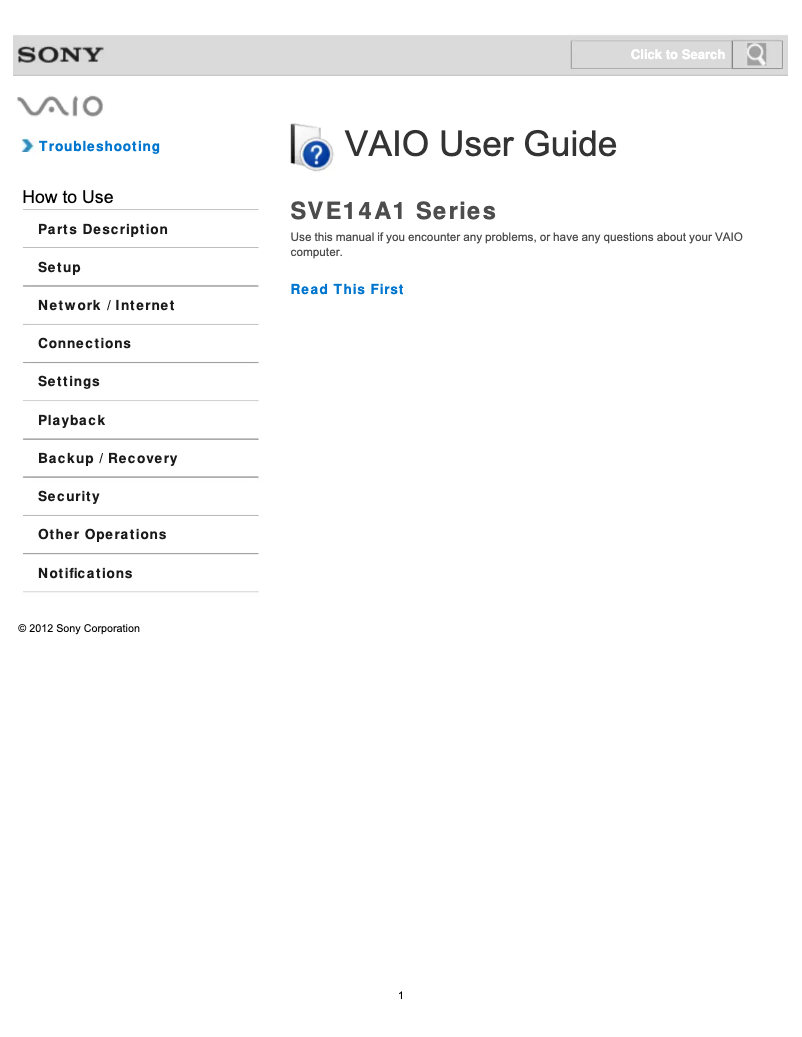 Imagen de la primera página del manual del dispositivo Vaio SVE14A15FDB