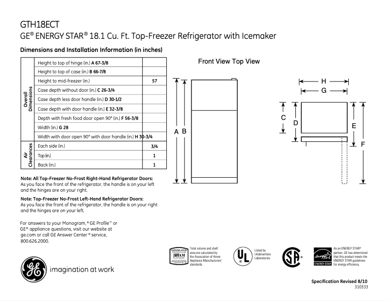 Página 1 del manual Ficha técnica GE GTH18ECTBB