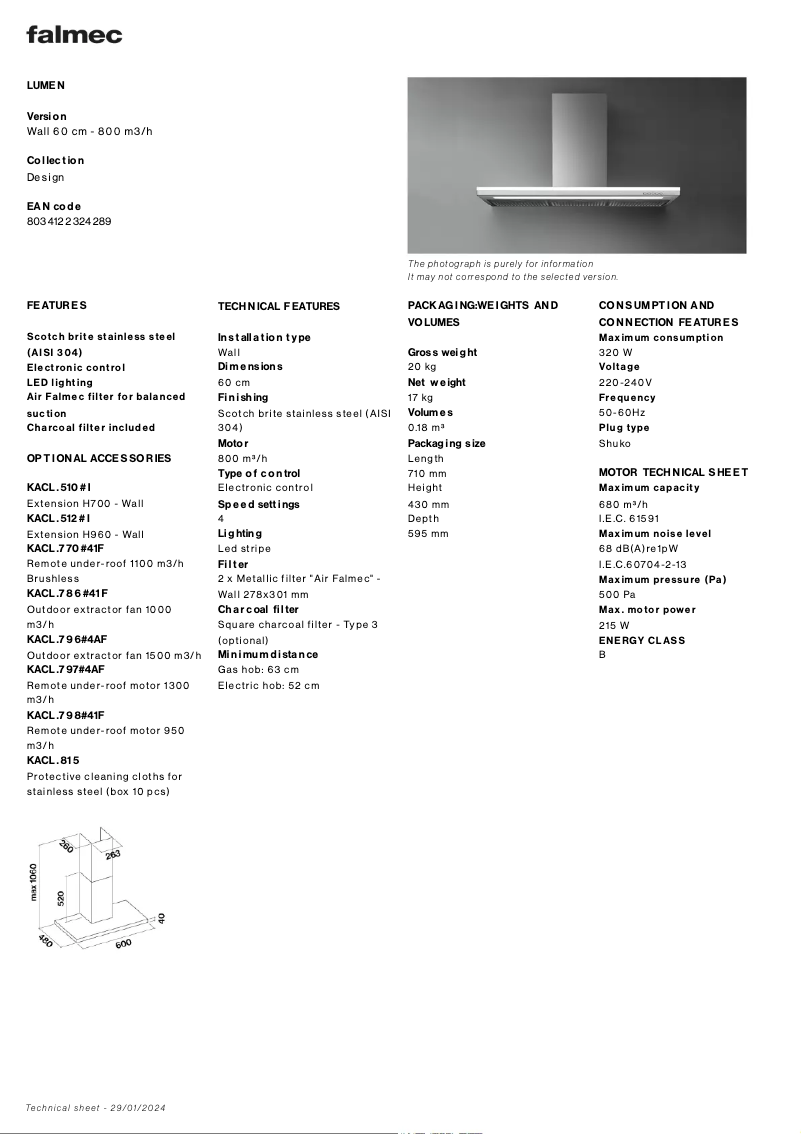 Página 1 del manual Ficha técnica Falmec Lumen