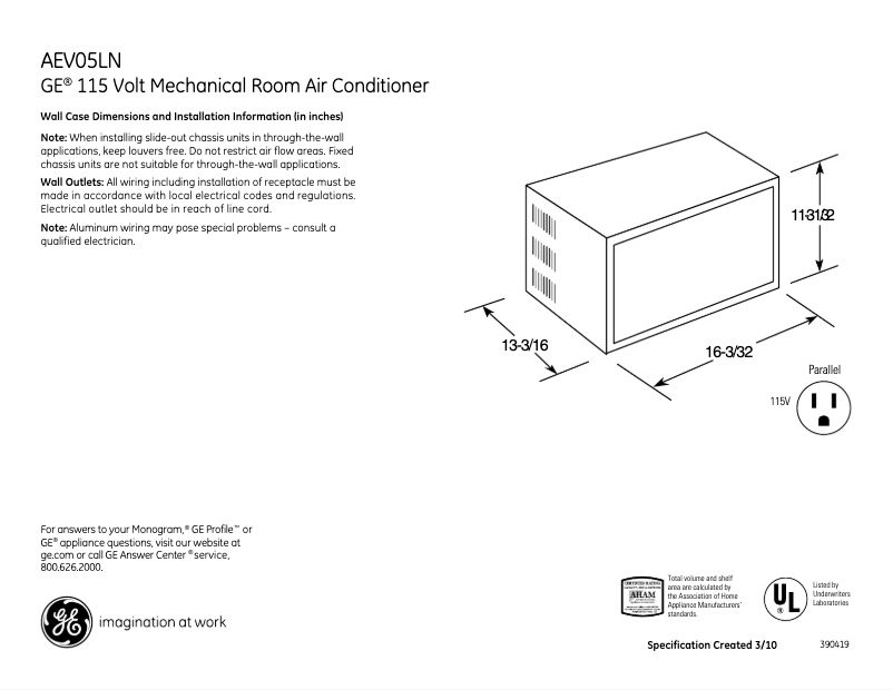 Página 1 del manual Ficha técnica GE AEV05LN