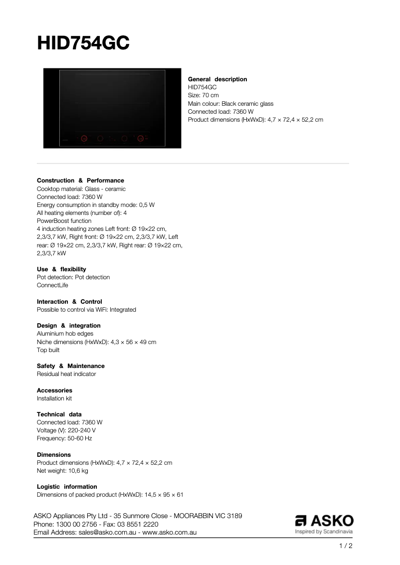 Página nº 1 - Ficha técnica Asko HID754GC