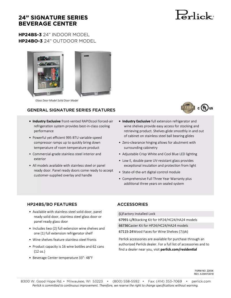 Página nº 1 - Ficha técnica Perlick HP24BS-3-3L