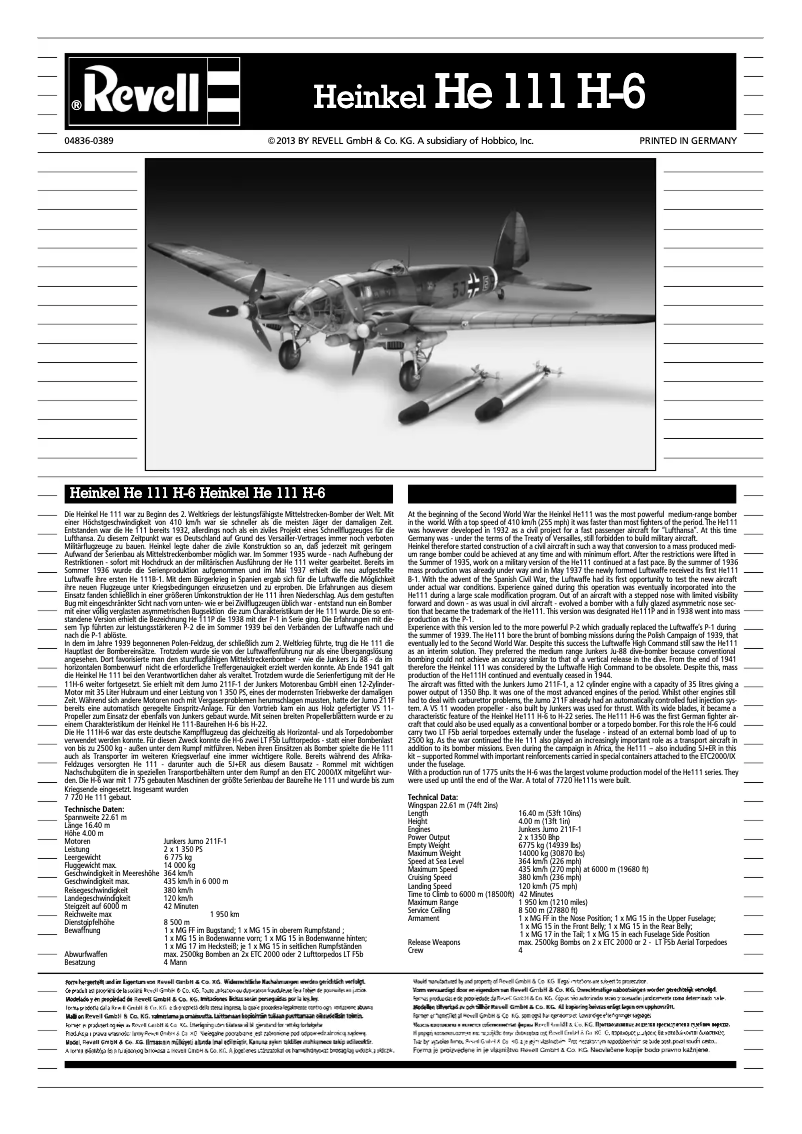 Imagen de la primera página del manual del dispositivo Heinkel He 111 H-6