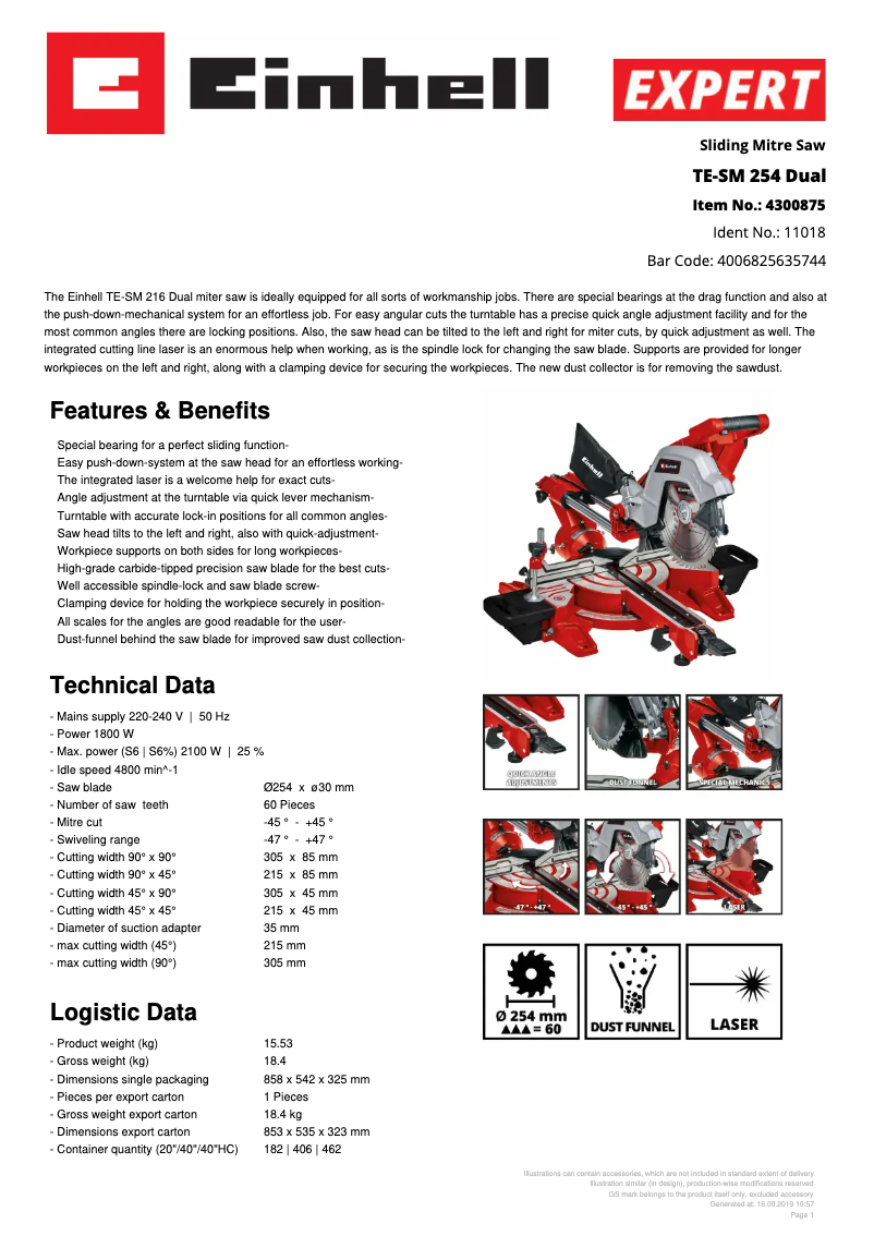 Página 1 del manual Ficha técnica Einhell TE-SM 254 Dual