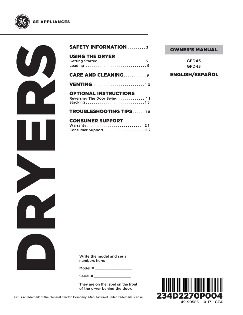 Imagen de la primera página del manual del dispositivo GFD45ESPKDG