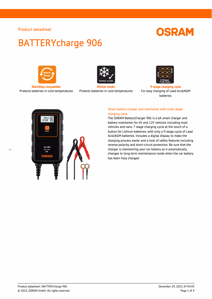 Imagen de la primera página del manual del dispositivo BATTERYcharge 906