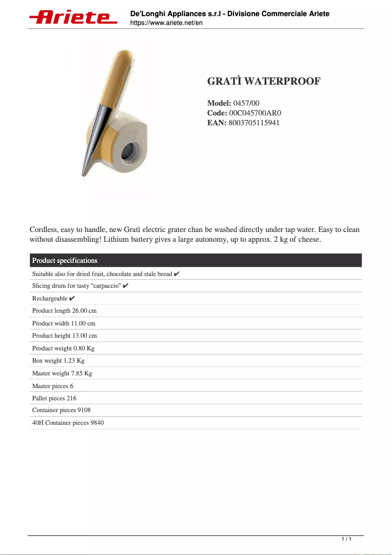 Página nº 1 - Ficha técnica Ariete Gratì 457