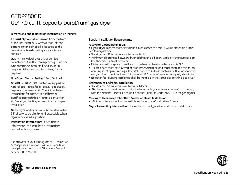 Imagen de la primera página del manual del dispositivo GTDP280GDWW