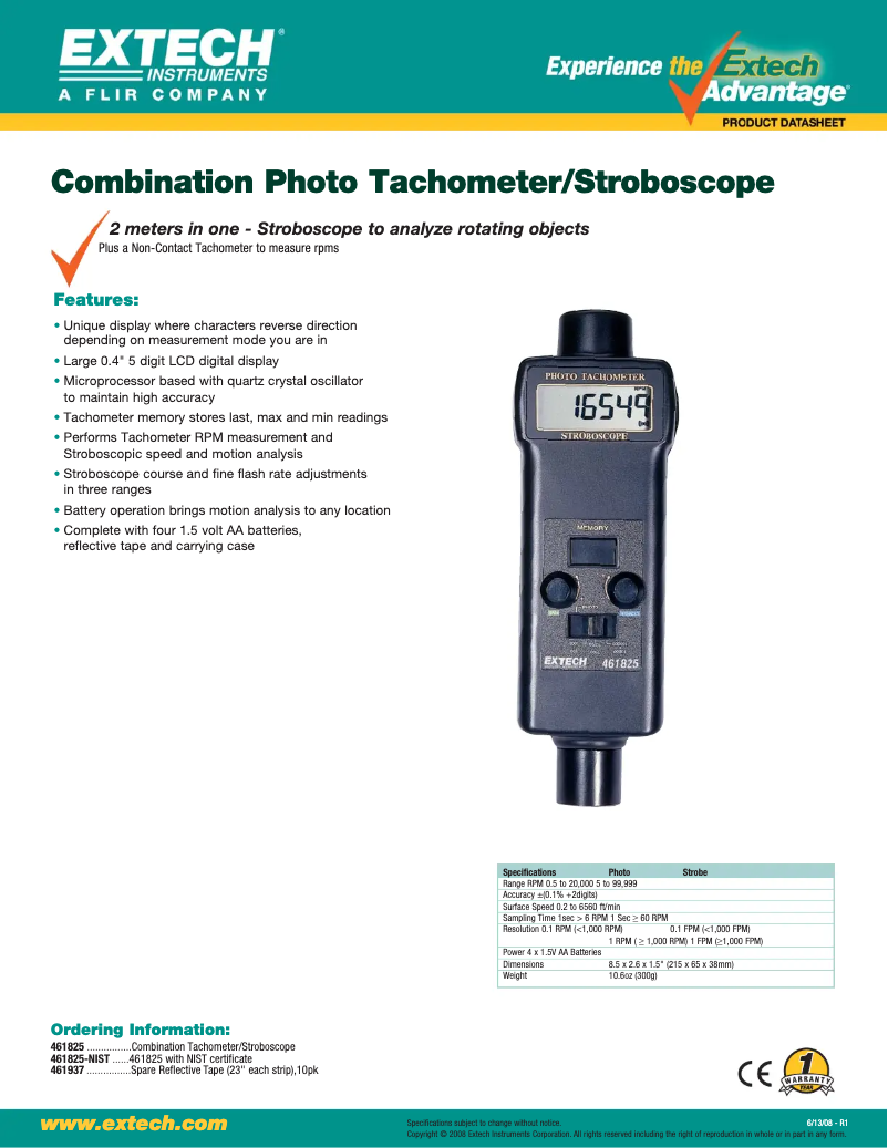 Página 1 del manual Ficha técnica Extech 461825
