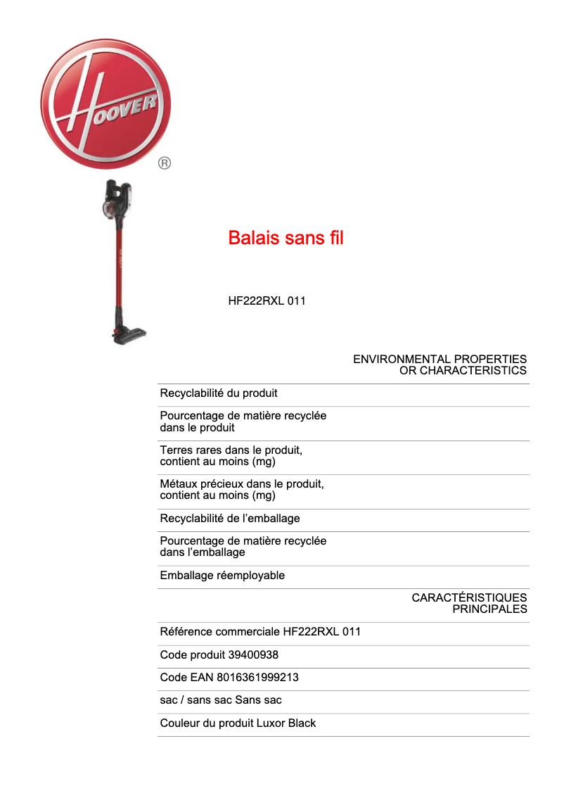 Página 1 del manual Ficha técnica Hoover H-Free 200