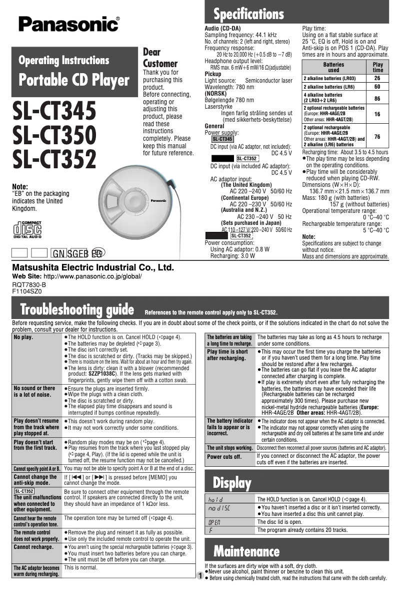 Imagen de la primera página del manual del dispositivo SL-CT350