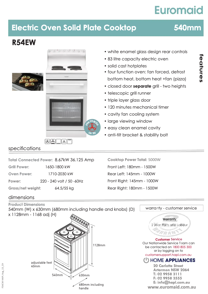 Página 1 del manual Ficha técnica Euromaid R54EW