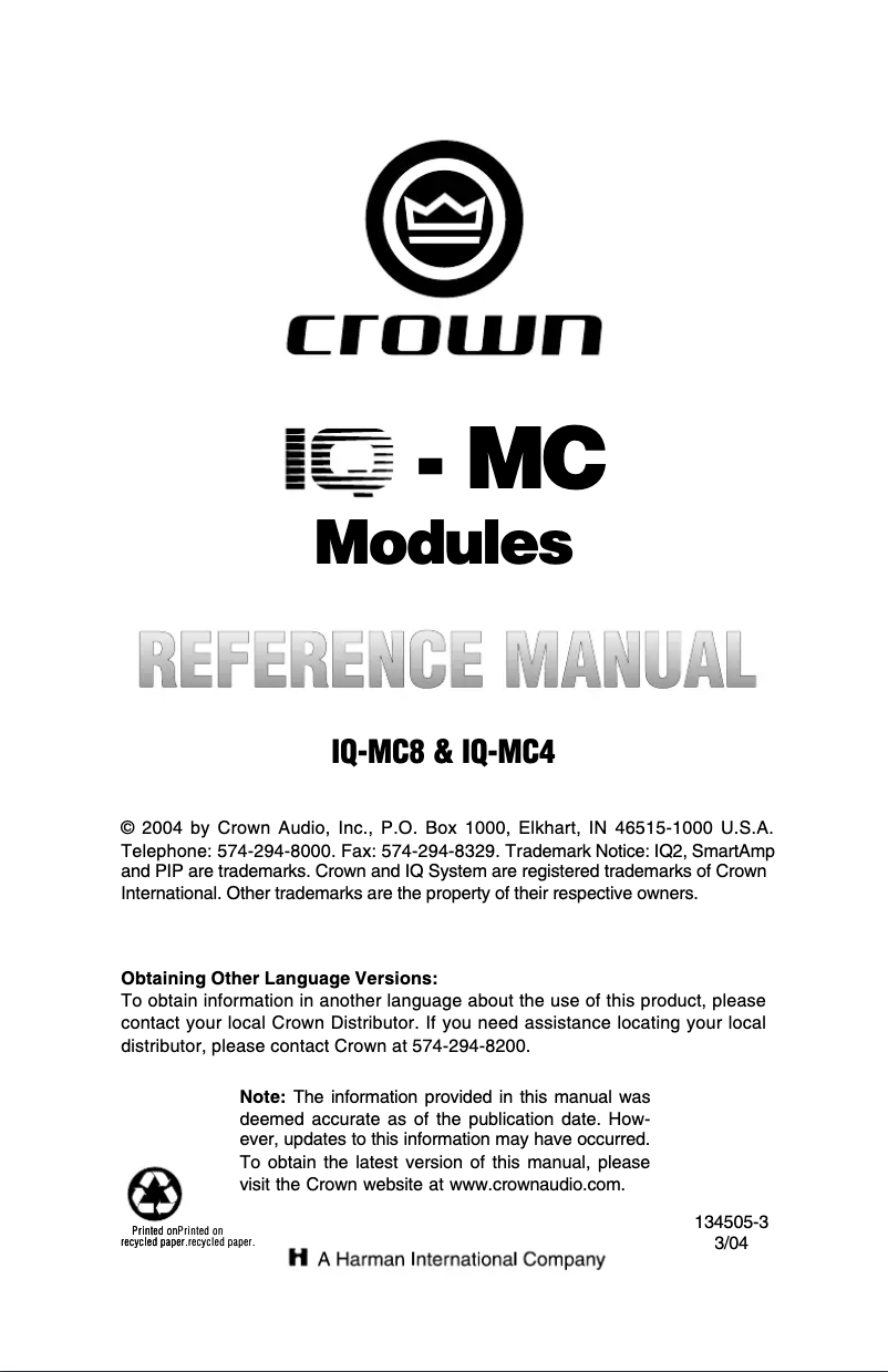Página 1 del manual Manual de usuario Crown IQ-MC4