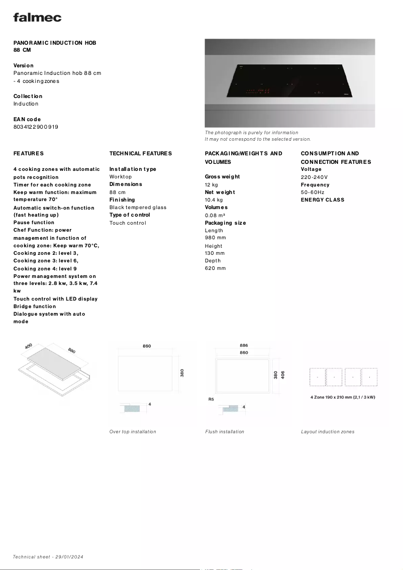 Página 1 del manual Ficha técnica Falmec Induction Hob 88 cm