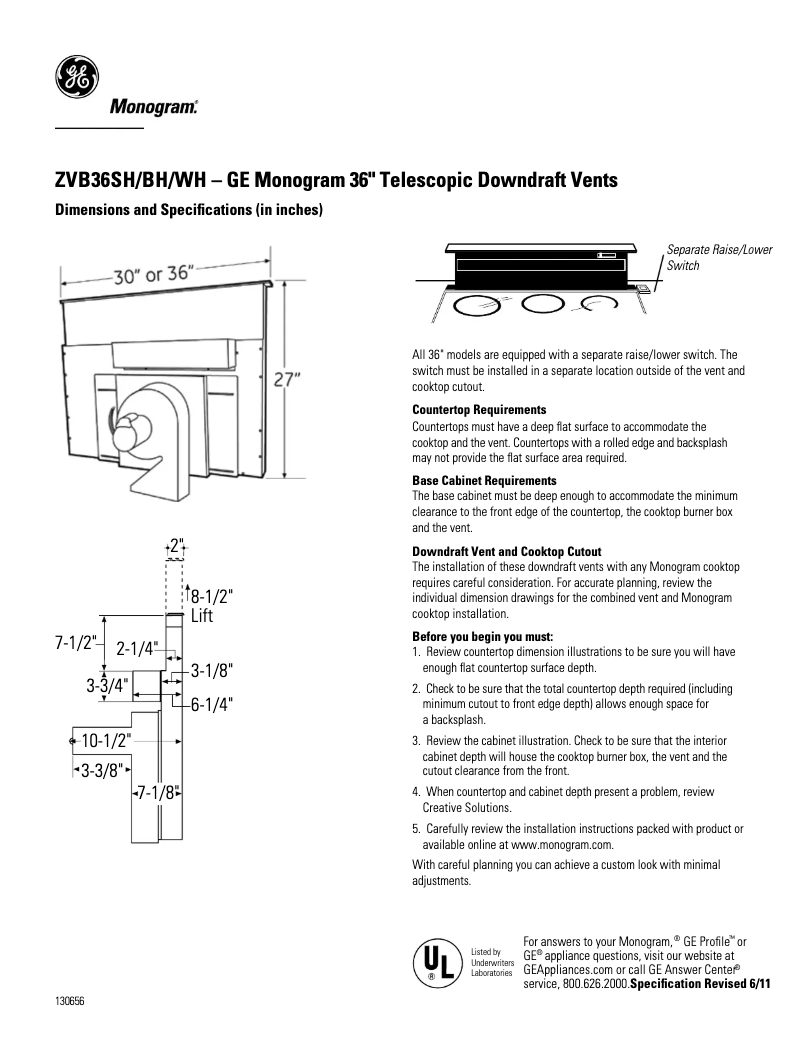 Página 1 del manual Ficha técnica GE ZVB36WHWW