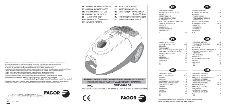 Página nº 1 - Manual de usuario Fagor VCE-1820 CP