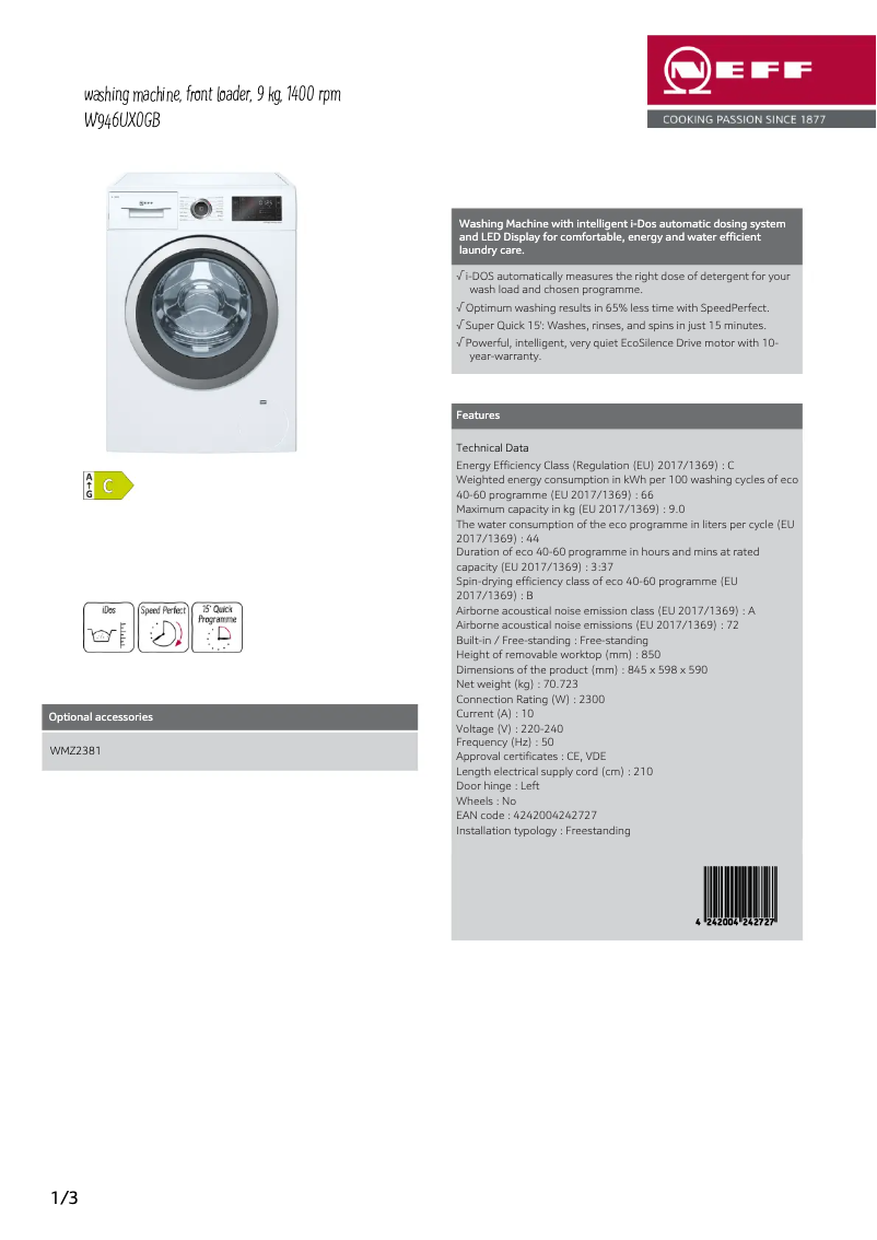 Página 1 del manual Ficha técnica Neff W946UX0GB