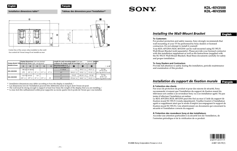 Imagen de la primera página del manual del dispositivo KDL-40V2500