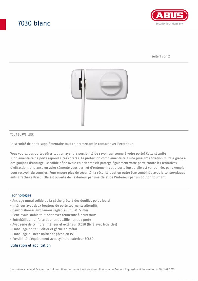 Página 1 del manual Ficha técnica Abus 7030