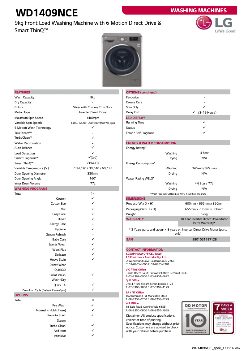 Página nº 1 - Ficha técnica LG WD1409NCE