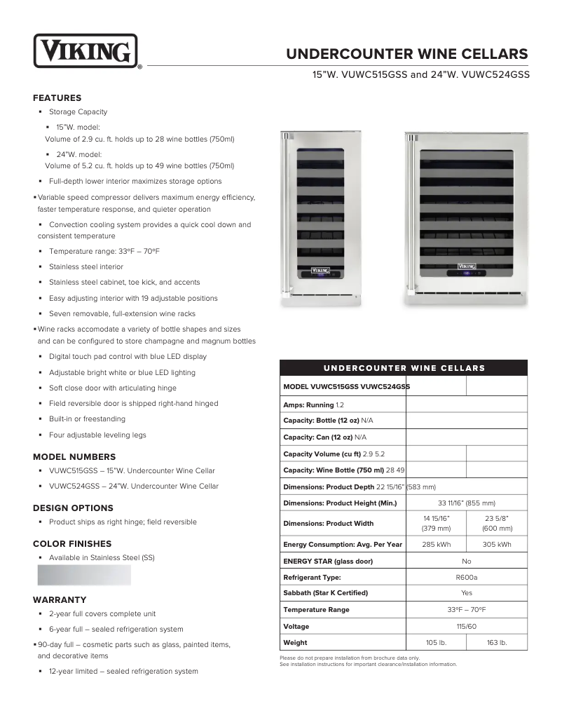 Página 1 del manual Ficha técnica Viking VUWC515GSS