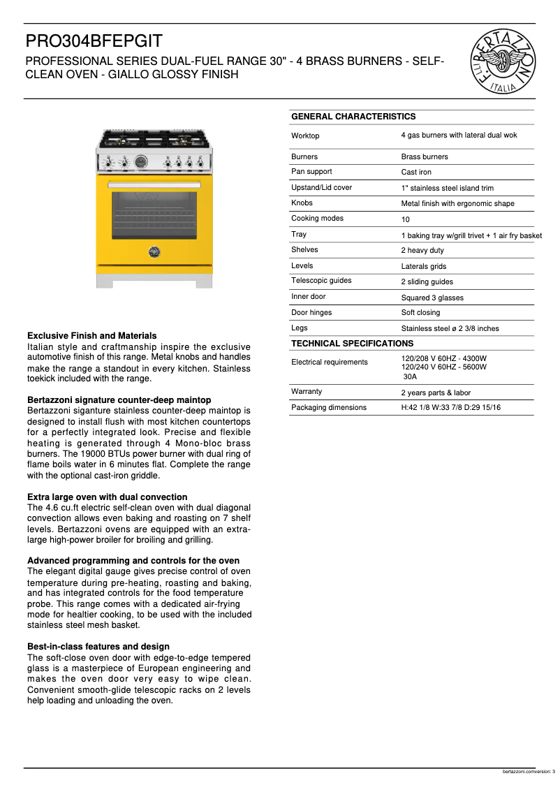 Página 1 del manual Ficha técnica Bertazzoni PRO304BFEPGIT