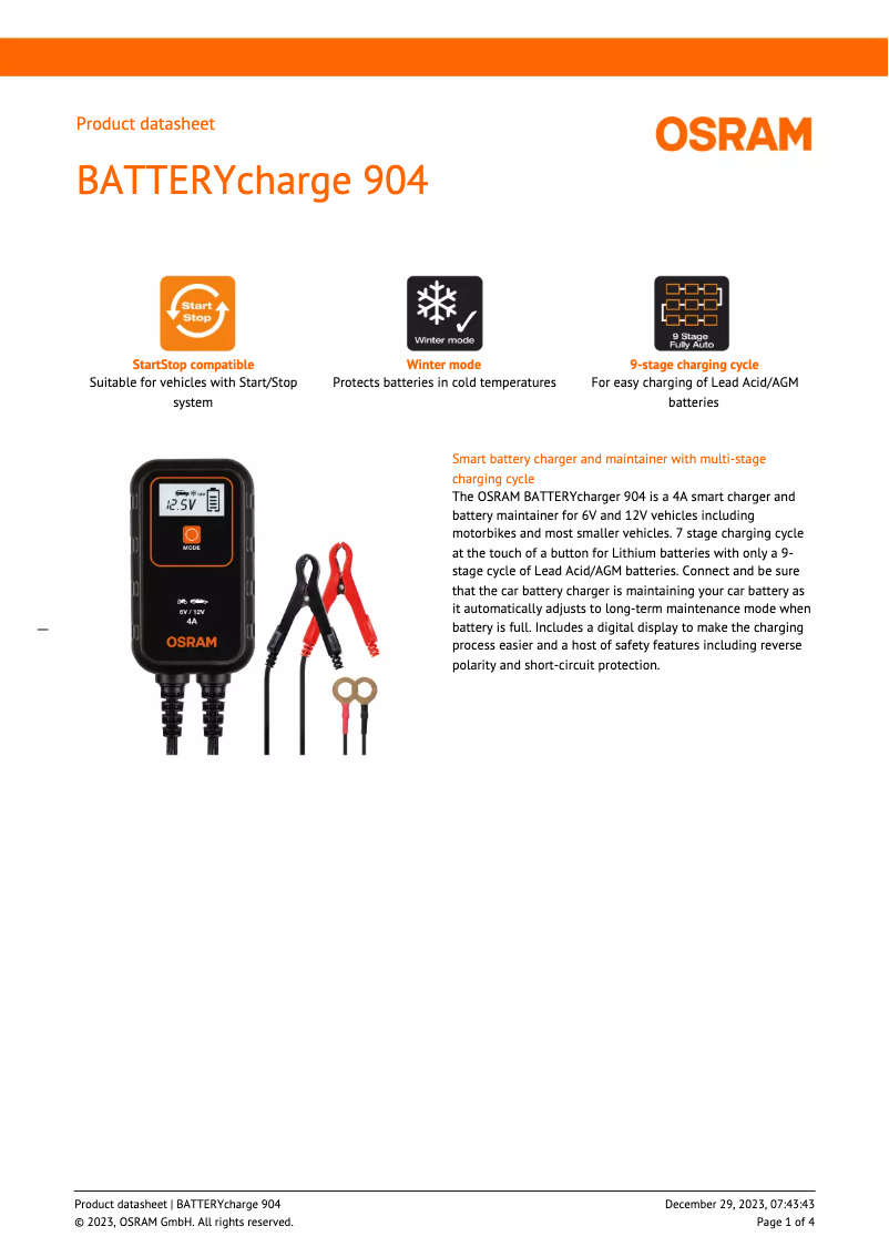 Página nº 1 - Ficha técnica Osram BATTERYcharge 904