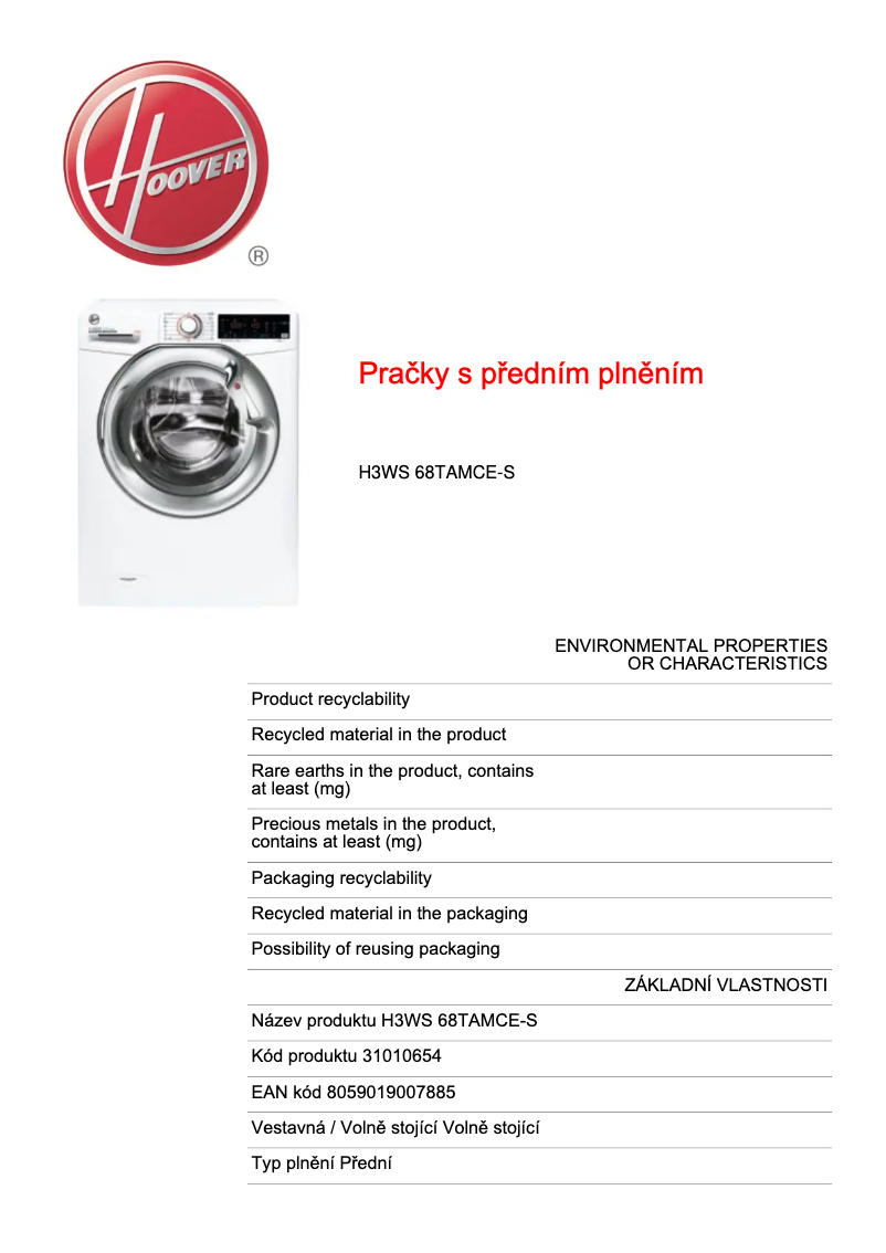 Página 1 del manual Ficha técnica Hoover H3WS 68TAMCE-S