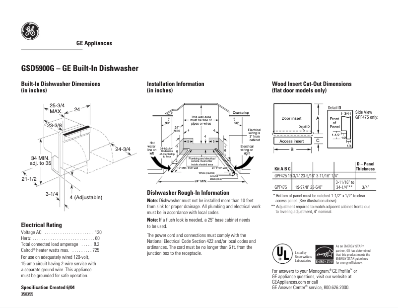 Página 1 del manual Ficha técnica GE GSD5900GBB