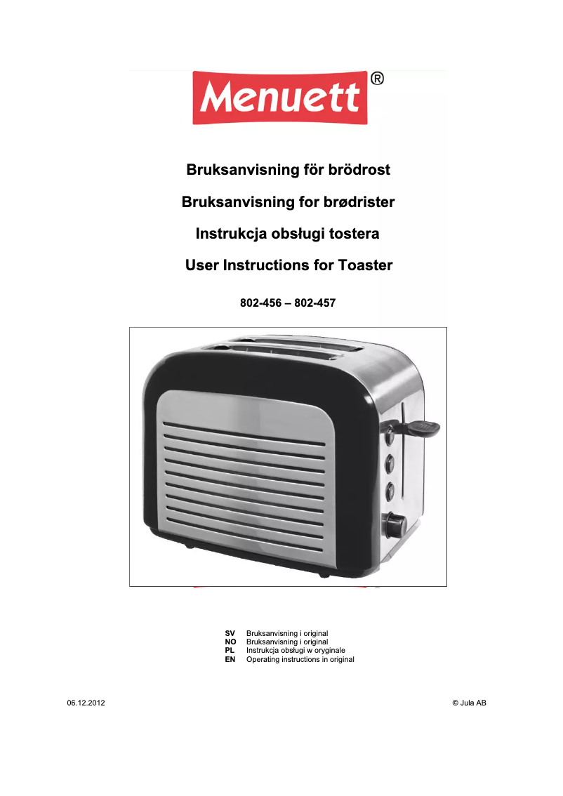 Página 1 del manual Manual de usuario Menuett 802-456