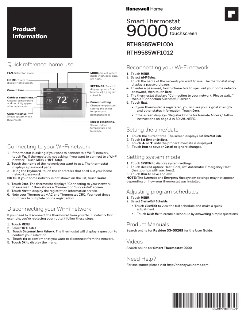 Página 1 del manual Manual de usuario Honeywell RTH9585WF