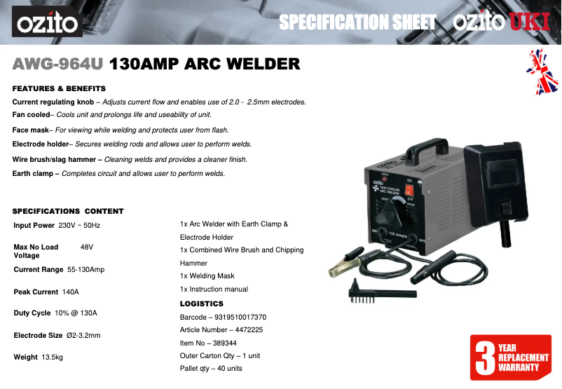 Página 1 del manual Ficha técnica Ozito AWG-964U