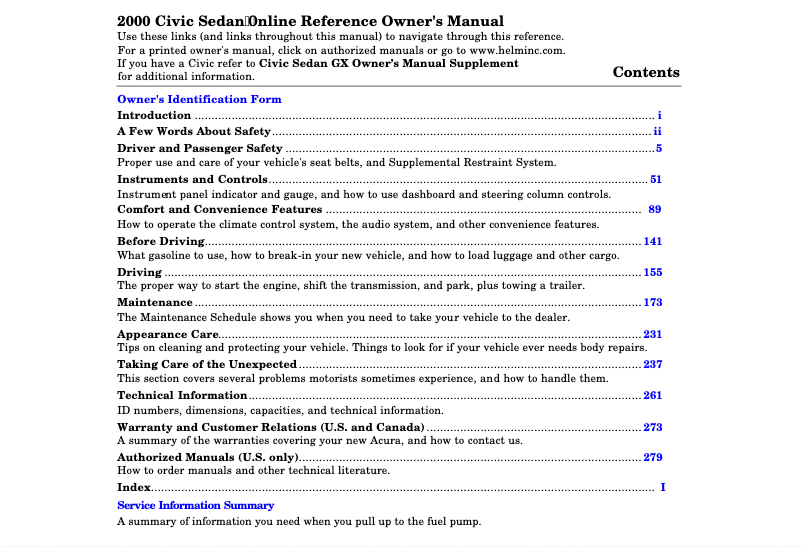 Imagen de la primera página del manual del dispositivo Civic Coupe (2000)