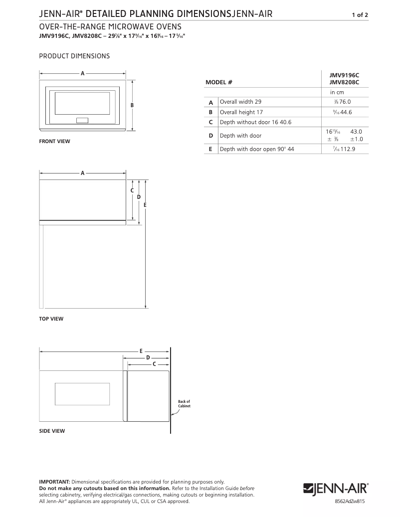 Página 1 del manual Dibujo técnico JennAir JMV9196CS
